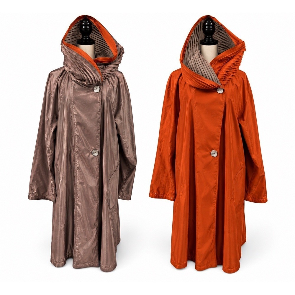 Mycra PAC Now Coat Donatella Pleat Hood Taupe & Rust Brown Reversible 2 M/L